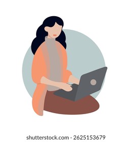 Uma ilustração vetorial, suave e elegante, de uma mulher trabalhando em seu notebook. Ideal para empreendedores digitais, criativos e qualquer pessoa que adora trabalhar de cantos acolhedores. Perfeito para escritório doméstico, blog etc.