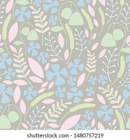 Soft stylized floral twigs motley grass seamless pattern