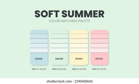 Muestra de tarjetas de guía de color de verano suave. Colección de colores o paletas de temas de color. Combinaciones de colores en RGB o HEX. Un conjunto de colores de tendencia muestra la inspiración cataloque para la moda o el diseño.