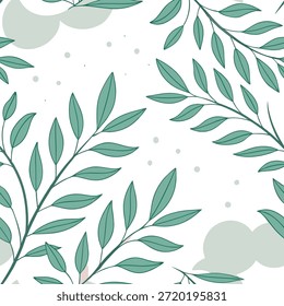 Folhas de verão macias padrão de azulejos sem costura com folhagem verde delicada e acentos pastel para o conceito de decoração suave casa como Folhas verdes macias e acentos pastel arranjados perfeitamente para uma atmosfera de verão refrescante delicada em espaços domésticos no Conceito de Stock de Foto e espaço vazio no lado esquerdo, sem texto —ar 7:2 —azulejo