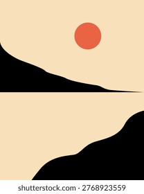 Soft sun hangs above a quiet, minimalist horizon. Black shapes echo distant hills and valleys. Creamy tones suggest peace, stillness, and calm. Abstract design invites contemplation, quiet reflection