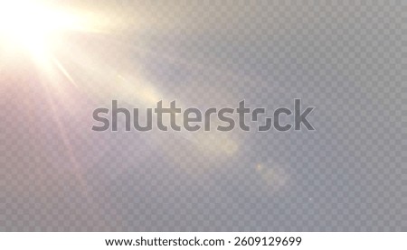 Soft sun rays with a warm glow and natural lens haze coming from the top corner on a transparent background. Perfect for photo overlays, architectural visualizations, nature scenes, UI design.