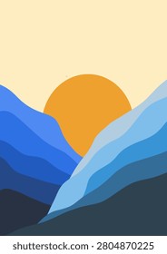 Soft sun rises over layered blue mountains. Warm tones contrast cool peaks in minimalist design. Mood evokes calm, peace, and natural beauty. Perfect for travel, wellness, or nature-themed content