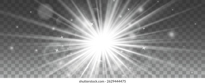 Soft sunlight glow overlay — transparent lens flare with warm beams, sunburst halo, and diffused morning light effect for dreamy illumination and natural brightness design

