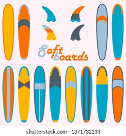 Soft surf boards and fins isolated elements set. Various design longboards colorful flat vector illustration