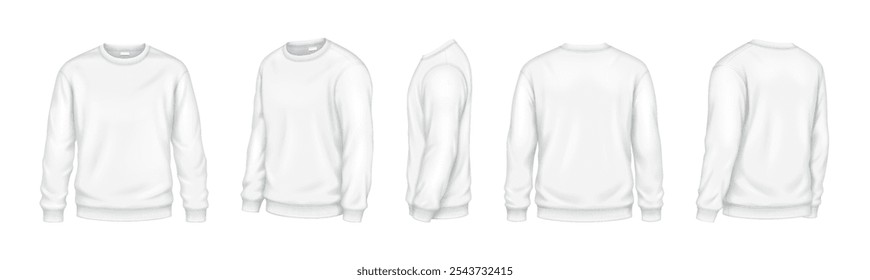 Soft sweatshirts of white color mockup realistic vector illustrations set. Casual design of clothing template 3d model on white background