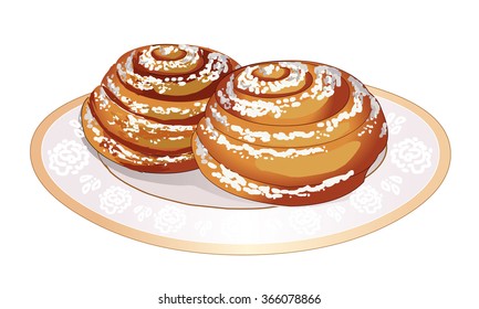 Soft sweet bun, rolled spirally, and sprinkle with powdered sugar on plate. "Snail". Fresh hot cakes. Cooking. Dessert to tea. Vector.