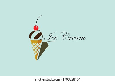 Soft sweet cone ice cream with cherry berry strawberry icon and text letters retro vintage western dessert logo design vector