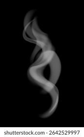 Soft swirling white smoke on a dark black background. Elegant vapor texture with abstract curves and transparent flowing lines. Atmospheric design for mysterious and dreamy visuals illustration.