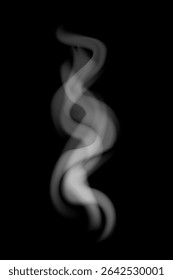 Soft swirling white smoke on a dark black background. Elegant vapor texture with abstract curves and transparent flowing lines. Atmospheric design for mysterious and dreamy visuals illustration.