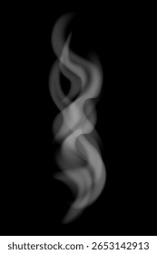 Soft swirling white smoke on a dark black background. Elegant vapor texture with abstract curves and transparent flowing lines. Atmospheric design for mysterious and dreamy visuals illustration.