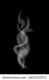 Soft swirling white smoke on a dark black background. Elegant vapor texture with abstract curves and transparent flowing lines. Atmospheric design for mysterious and dreamy visuals illustration.