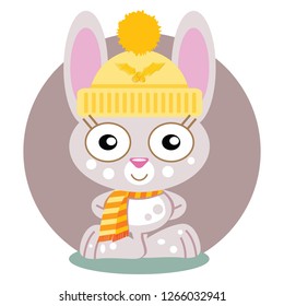 A soft tan cute bunny rabbit holiday cartoon with big eyes and a smile. He is wearing a striped orange and yellow neck scarf and a yellow stocking cap with holly berries stitched into it.