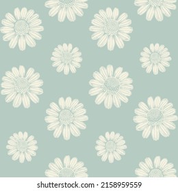 Soft teal background and white daisy seamless pattern print. Hand drawn vector illustration perfect for textile, fabric, stationery, wallpaper, packaging, interior decor, digital background, surface