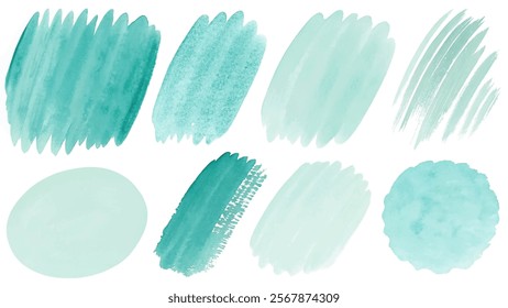 Soft teal watercolor swatches, artistic brush strokes, abstract design elements, versatile background textures.