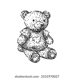 Oso de peluche suave dibujado a mano. Juguete relleno, lindo abrazo, boceto de Vector de oso de peluche suave de la infancia. ilustración negra aislada