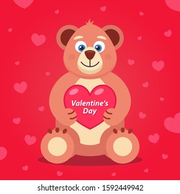 soft teddy bear with a heart in its paws. banner for valentines day. Flat character vector illustration.