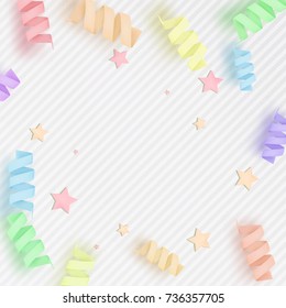 Soft and tender colorful background with stars and cute confetti. Pastel backdrop. Vector illustration for your graphic design.