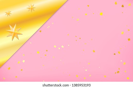 Soft and tender light pink background with golden stars and cute golden confetti. Pastel backdrop. Vector illustration for your graphic design.