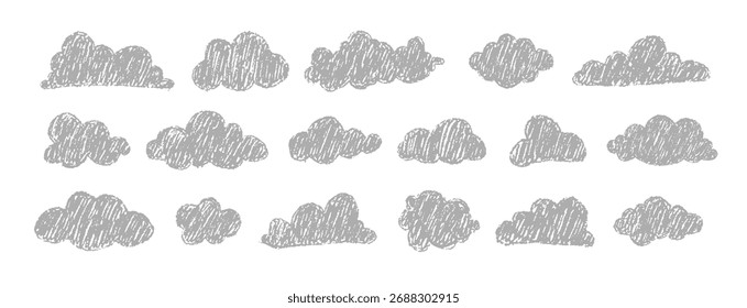 Weich strukturierte graue Wolken. Handgezeichnete Himmelsillustrationen für Kindergartendekoration oder Kinderdesigns. Vektorgrafik.