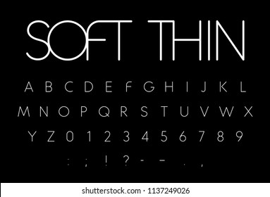 Soft thin font, thread stylish linear sans serif alphabet, slim letters with circular corners. Uppercase ABC signs, symbols and numbers, vector type template. Soft thin font, thread stylish linear sans serif alphabet, slim letters with circular corners. Uppercase ABC signs, symbols and numbers, vector type template.