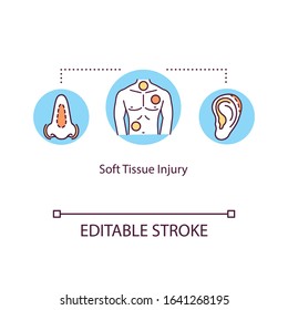 Soft Tissue Injury, Muscle Trauma Concept Icon. Tendon Traumatism, Damage Types, Strain, Bruising And Tendinitis Idea Thin Line Illustration. Vector Isolated Outline RGB Color Drawing. Editable Stroke