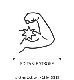 Soft Tissue Sarcoma Linear Icon. Malignant Tumor. Symptoms And Treatment. Muscles Swelling And Cancer. Thin Line Illustration. Contour Symbol. Vector Outline Drawing. Editable Stroke. Arial Font Used