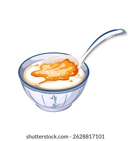 Soft tofu fa dessert served in blue porcelain bowl with syrup and ceramic spoon. Traditional Cantonese sweet treat. Cartoon vector illustration for menu, packaging, or food design.