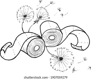 Soft Toilet paper and dandelion   illustration. Sketch ,drawing,  ink, style line art, vector for ad banner
