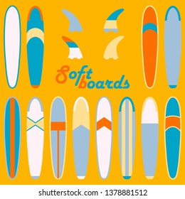 Soft top surf boards and fins isolated elements set. Various design longboards colorful flat vector illustration