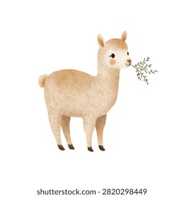 A soft toy alpaca eating green leaves