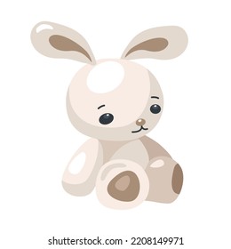 Soft toy baby Teddy bunny, beige rabbit is drawn in cartoon cute kawaii style. Vector illustration isolated on white background. For postcards, icons, web design, printing on fabric and paper