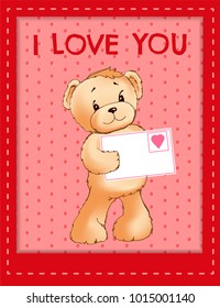 Soft toy bear holds envelope with heart festive postcard with I love you sign cartoon flat vector illustration on background with dots in red frame.