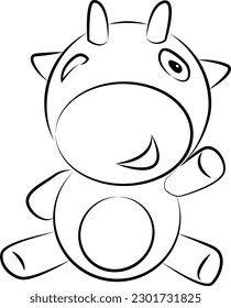 Soft toy calf. Line art illustration. Vector illustration of a baby cow toy. Draw of bull children toy in vector. Illustrations of toys for children. 