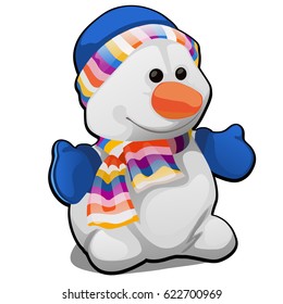 Soft toy in the form of a Christmas snowman isolated on white background. Vector cartoon close-up illustration.