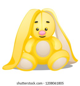 Soft toy in the form of yellow rabbit isolated on white background. Vector cartoon close-up illustration.