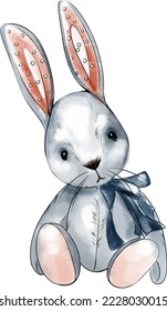 Soft toy hare. Watercolor Christmas vector drawing. For New Year and Christmas illustrations.