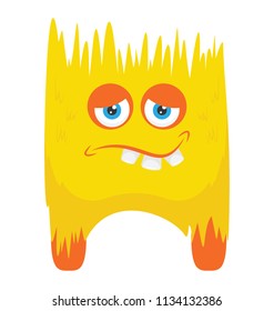 
A soft toy like creature having unusual facial expressions and shape of body depicting fuzzy monster 
