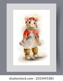 Soft toy mouse made of plush material dressed in vintage dress on wall art. Watercolor artwork. Print with retro style toy mouse for children who love animals, in frame with decor for poster