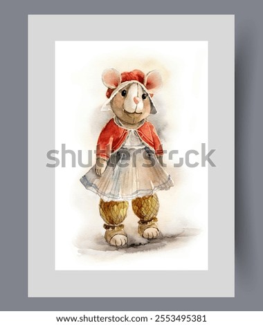 Soft toy mouse made of plush material dressed in vintage dress on wall art. Watercolor artwork. Print with retro style toy mouse for children who love animals, in frame with decor for poster