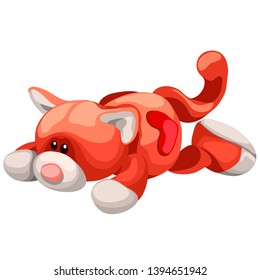 Soft toy plush red cat isolated on white background. Vector cartoon close-up illustration.