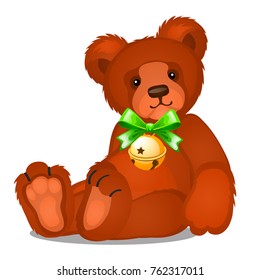 Soft toy teddy bear with jingle bells with green ribbon bow isolated on white background. Sketch of Christmas festive poster, party invitation, other holiday card. Vector cartoon close-up illustration