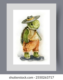 Soft toy turtle in hat and t-shirt with shorts on wall art. Watercolor artwork. Print with toy doll in shape of turtle for children who love animals and sea reptiles, in frame with decor for poster