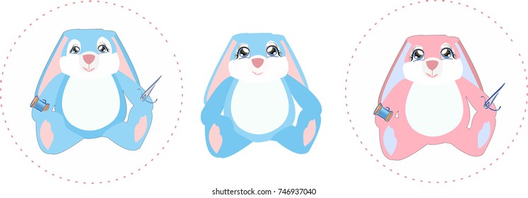 Soft toys bunnies with a needle and thread