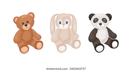 Juguetes blandos. Juguetes para niños como un osito de peluche, un conejito y un panda. Una colección de juguetes de peluche para niños. Ilustración vectorial