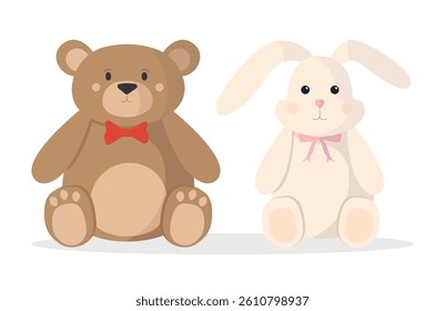 Soft toys icon teddy bear and bunny on white background. Toys for children and for gift.