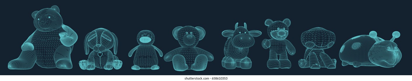 soft toys set in wire frame style. contains bear, penguin, cow, turtle, ladybug, dog, etc