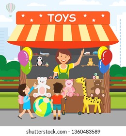 Soft Toys Store, Shop Flat Vector Illustration. Cheerful Saleswoman and Little Children Cartoon Characters. Happy Woman Selling Kids Soft Toys. Kiosk with Balloons in Park, Carnival Goods