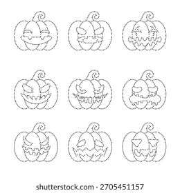 A soft tracing-style collection of nine pumpkin sketches with cute and spooky expressions, ideal for coloring sheets, sketch foundations, and Halloween drafts.