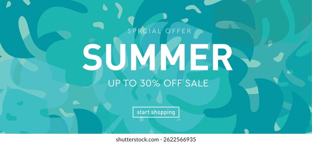 Soft tropical foliage background in turquoise tones. Calm and fresh summer sale banner for nature-inspired ads, wellness promotions, spa, or eco-themed campaigns. Editable vector.